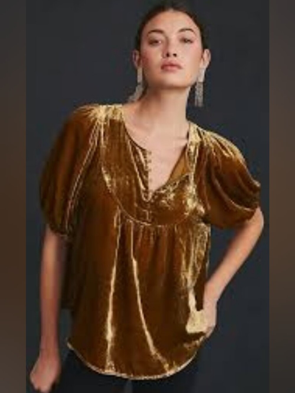 by Anthropologie| S Gold Velvet Henley Blouse Puff Sleeves Romantic Feminine